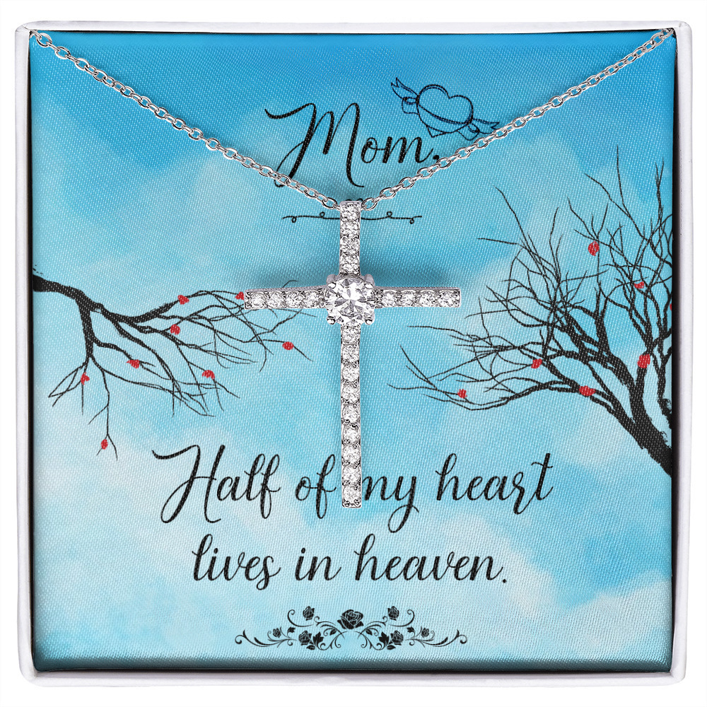 Half of my Heart Mom Remembrance CZ Cross Necklace Message Card